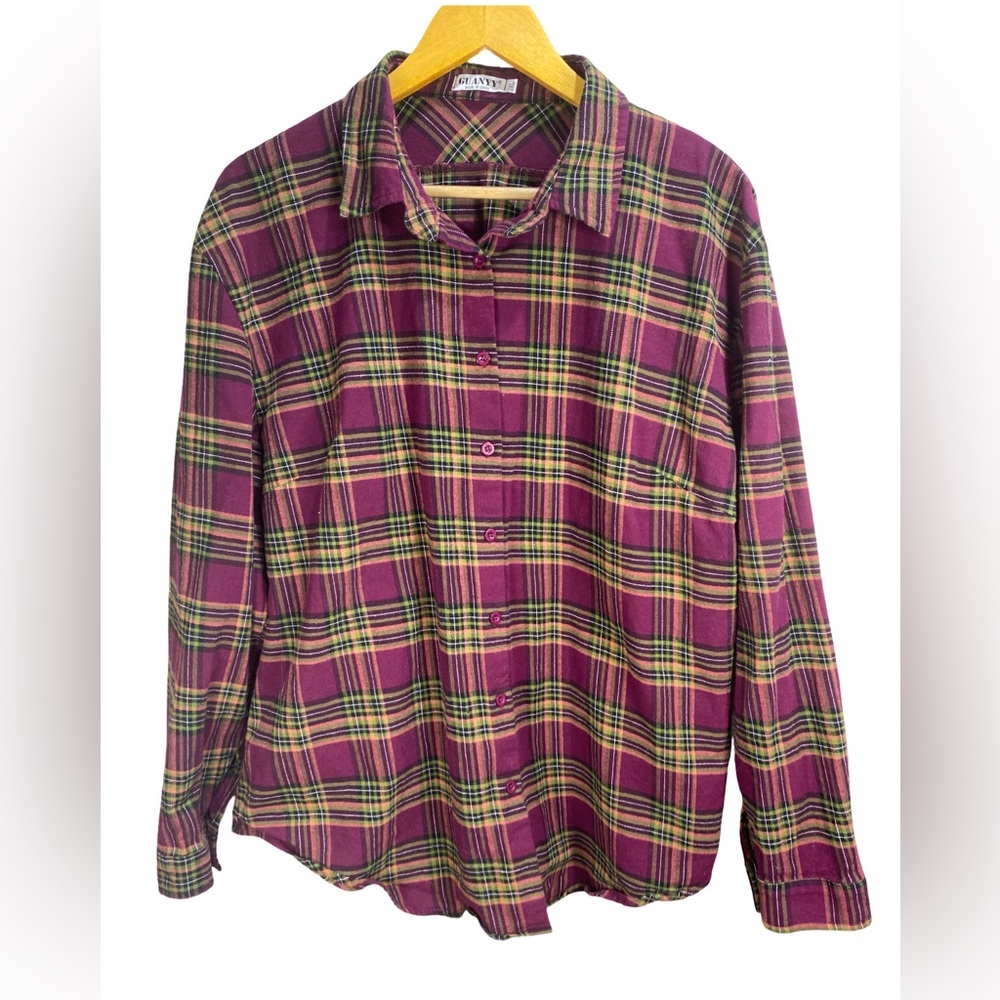 GUANYY Plaid‎ Flannel Button Down Shirt Plum Green Women's 2X Cotton Fall Layer